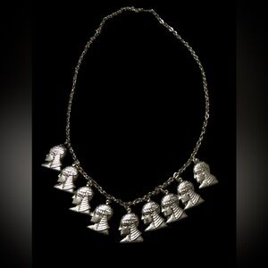 Vintage Egyptian Revival Silver Chain Necklace with Pharaoh Head Charms